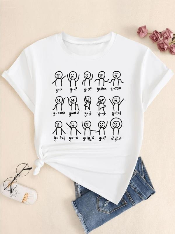 Cartoon Math Stickman Print Round Neck Casual Short Sleeve Daily Summer Clothes T-Shirts