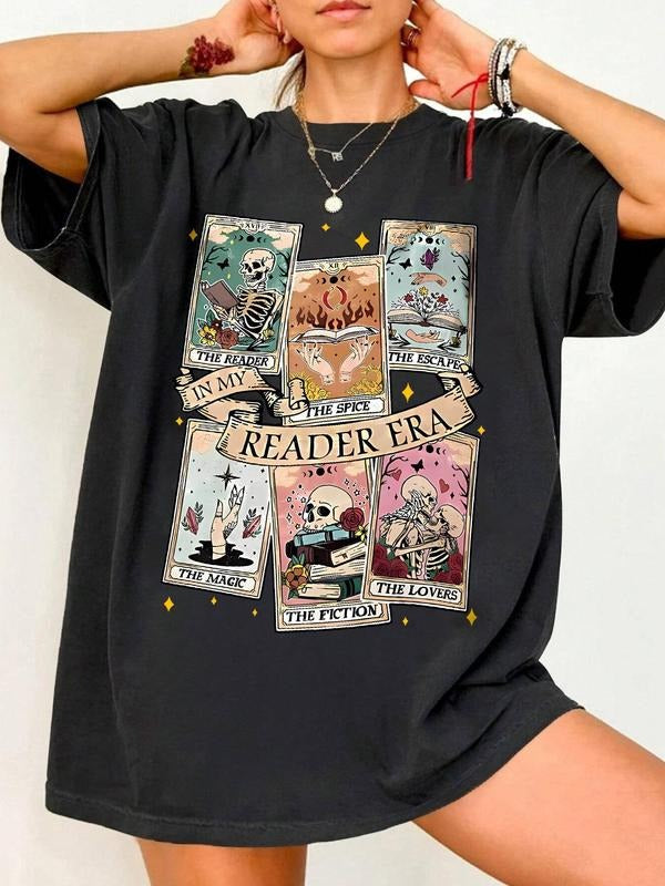 Cartoon Skull & Letter Print Drop Shoulder Casual Half Sleeve Round Neck Daily Clothes All Seasons T-Shirts