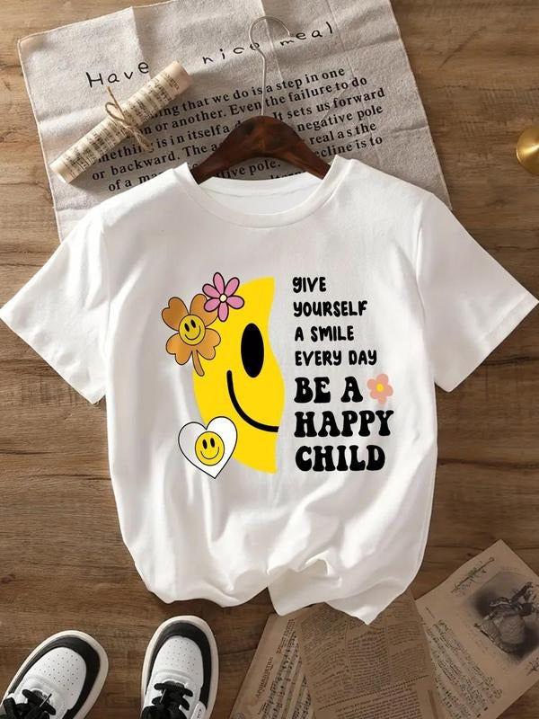 Cartoon Smile Face & Floral Print Round Neck Casual Crew Neck Daily Outdoor Tops Spring Fall T-Shirts