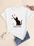 Cat & Letter Print Round Neck Casual Short Sleeve Summer Clothes Daily T-Shirts