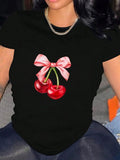 Cherry & Bow Print Round Neck Casual Crew Neck Daily Vacation Outdoor Clothes All Seasons T-Shirts