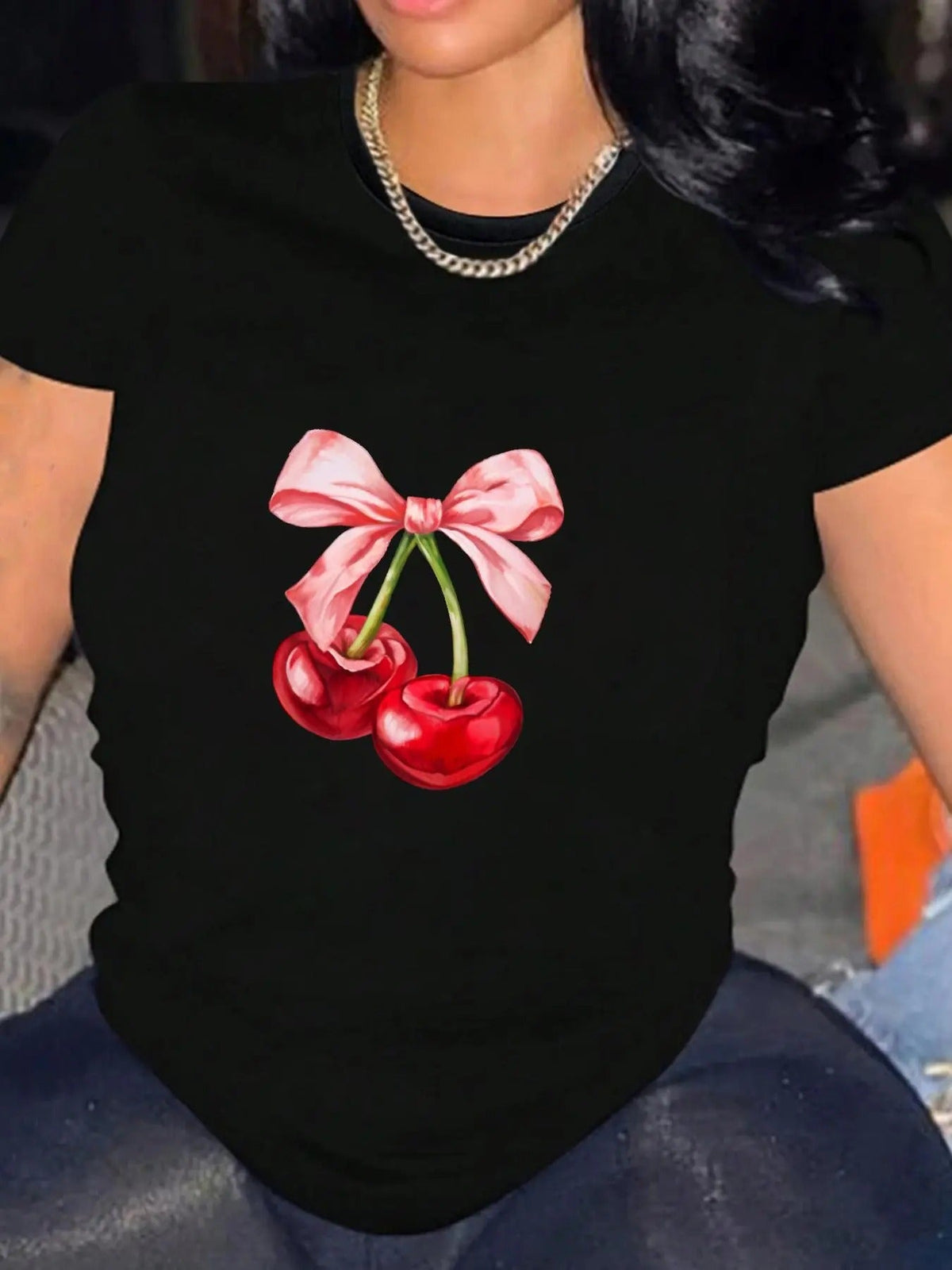 Cherry & Bow Print Round Neck Casual Crew Neck Daily Vacation Outdoor Clothes All Seasons T-Shirts