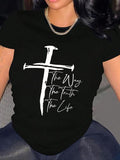 Cross & Letter Print Round Neck Casual Short Sleeve Crew Neck Summer Top Daily T-Shirts