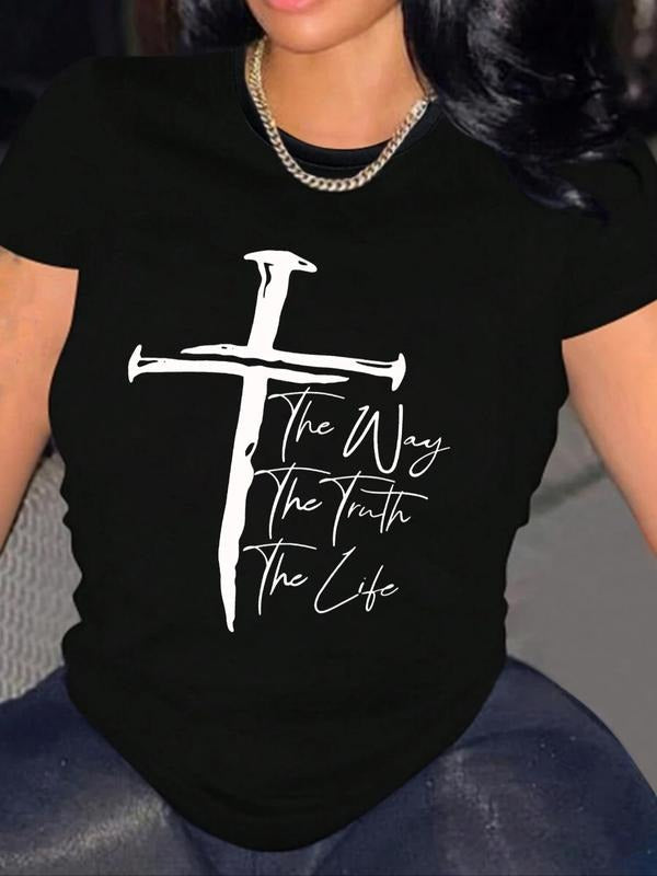 Cross & Letter Print Round Neck Casual Short Sleeve Crew Neck Summer Top Daily T-Shirts
