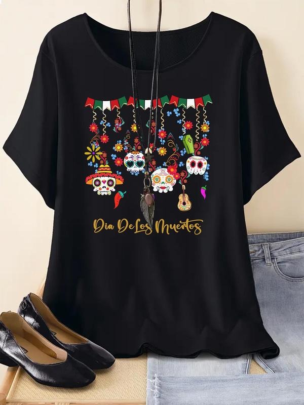 Day Dead Print Round Neck Casual Letter Print Crew Neck Daily Vacation Outdoor Clothes Summer T-Shirts