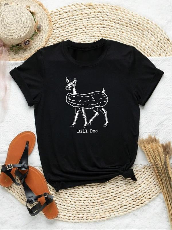 Deer & Letter Print Round Neck Casual Short Sleeve Crew Neck Daily Clothes All Seasons T-Shirts