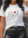 Dog & Heart Print Round Neck Vintage Casual Short Sleeve Daily Summer T-Shirts