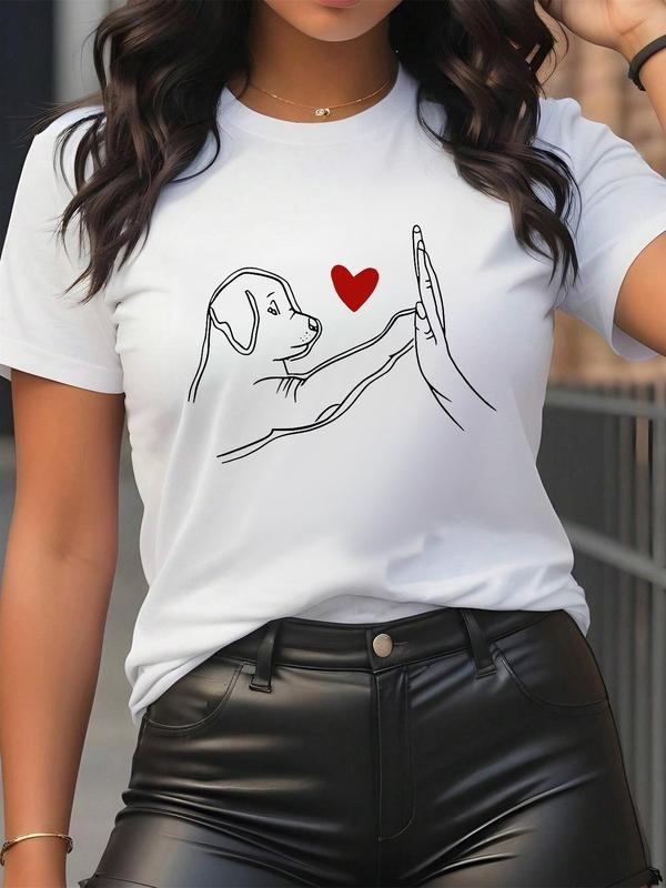 Dog & Heart Print Round Neck Vintage Casual Short Sleeve Daily Summer T-Shirts