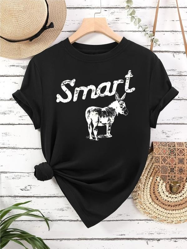 Donkey & Letter Print Round Neck Vintage Casual Short Sleeve Daily All Seasons T-Shirts