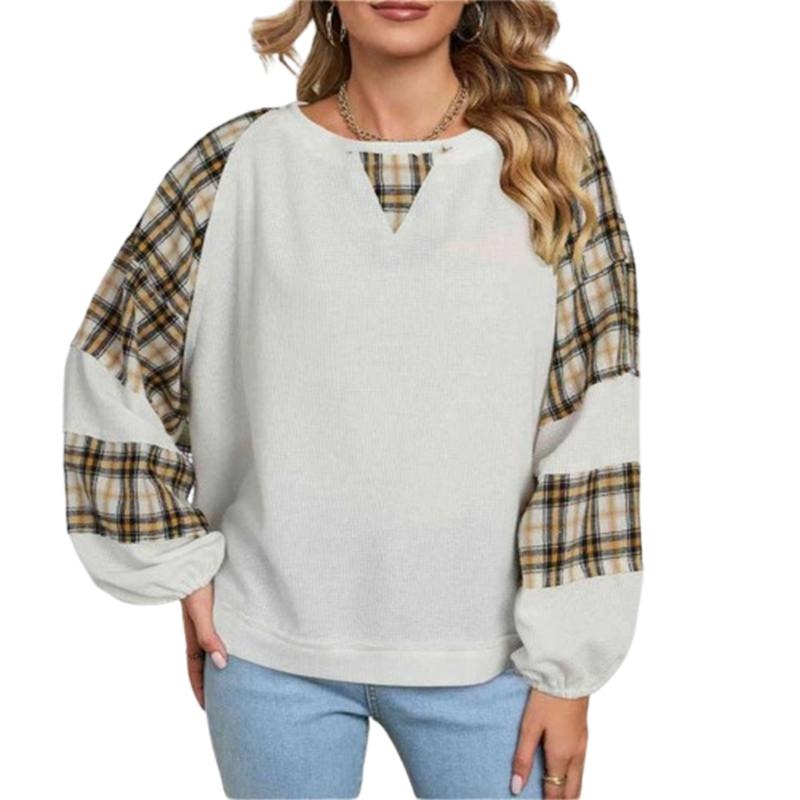 Fall Loose Plaid Print Patchwork Bat Long Sleeve Crew Neck Waffle T-Shirts