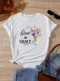 Floral & Letter Print Round Neck Vintage Casual Short Sleeve Daily Summer Outfitstyle{N002}2 T-Shirts