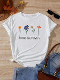 Floral & Letter Print Round Neck Casual Crew Neck Short Sleeve Summer Daily T-Shirts