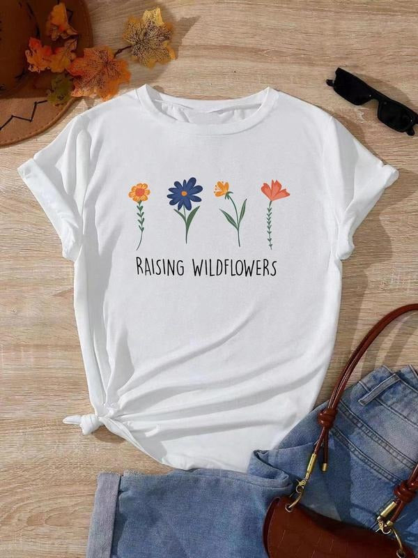 Floral & Letter Print Round Neck Casual Crew Neck Short Sleeve Summer Daily T-Shirts