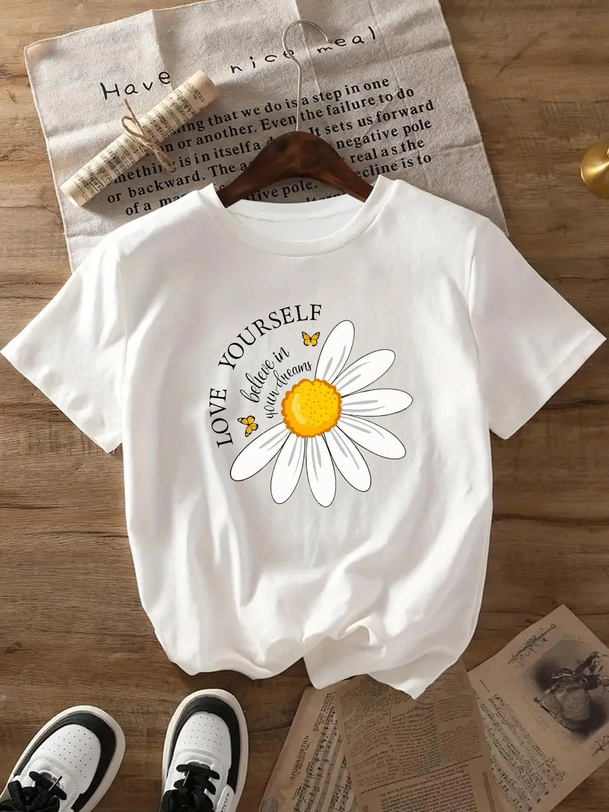 Floral & Letter Print Round Neck Casual Short Sleeve Crew Neck Daily Clothes All Seasonsstyle{N002}2 T-Shirts