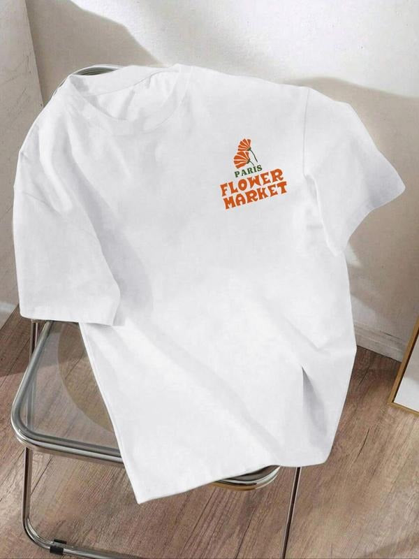 Floral & Letter Print Round Neck Casual Short Sleeve Crew Neck Summer Top Daily T-Shirts