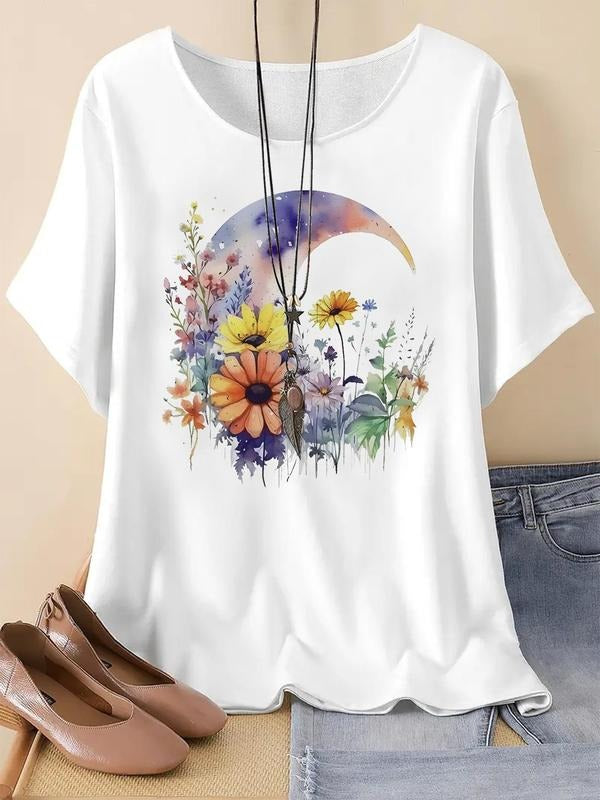 Floral & Moon Print Round Neck Casual Short Sleeve Summer Clothes Daily T-Shirts