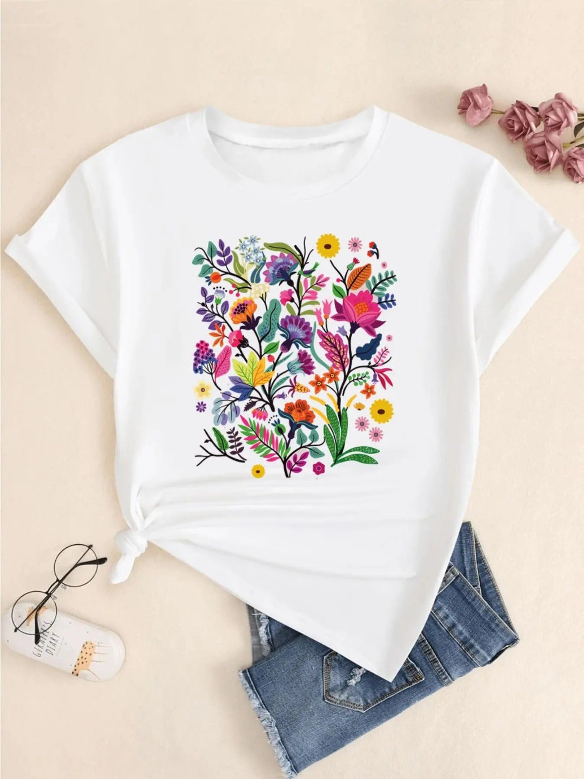 Floral Print Round Neck Casual Short Sleeve Crew Neck Summer Top Daily T-Shirts