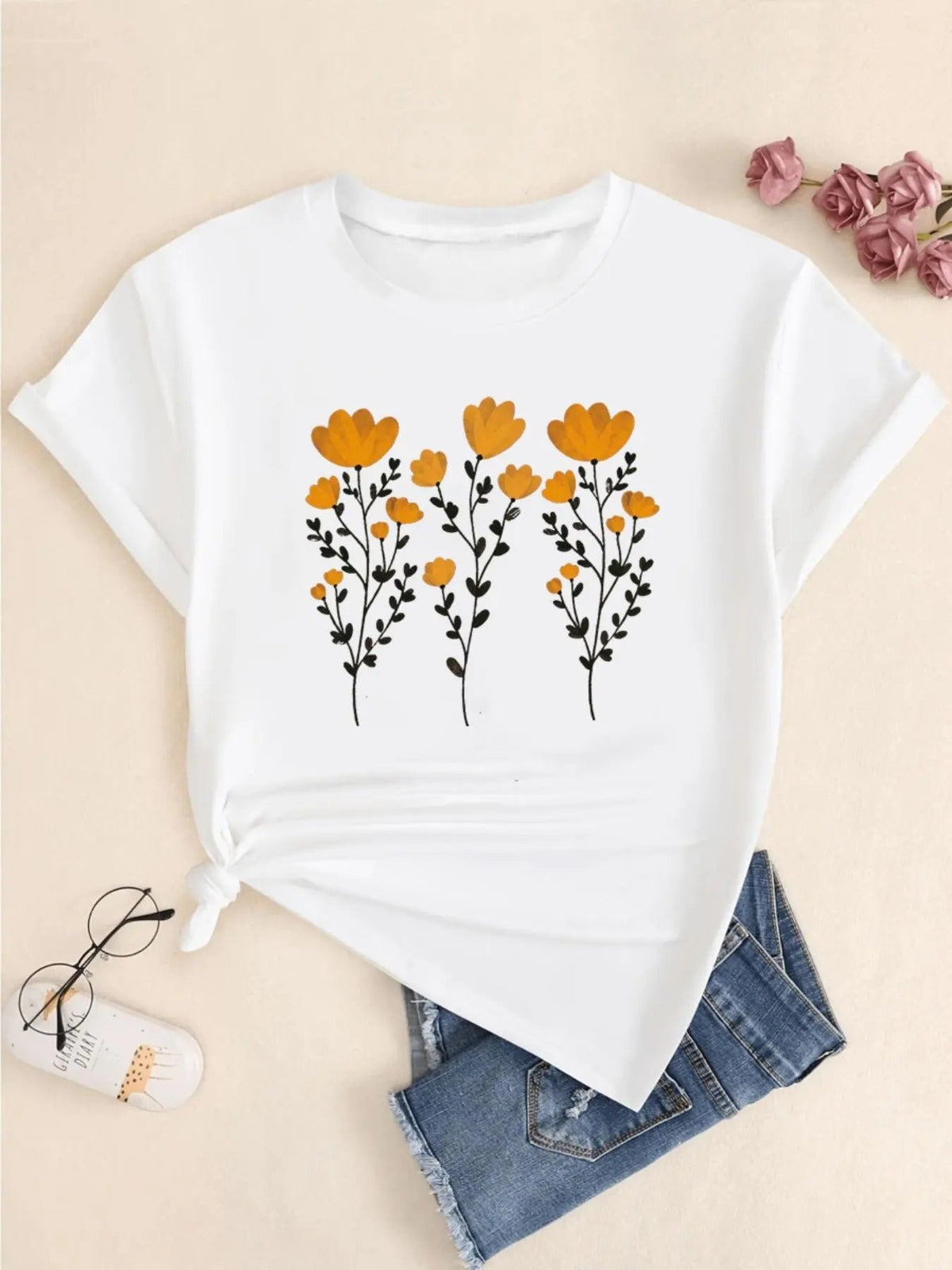 Floral Print Round Neck Casual Short Sleeve Crew Neck Summer Clothes Daily T-Shirts