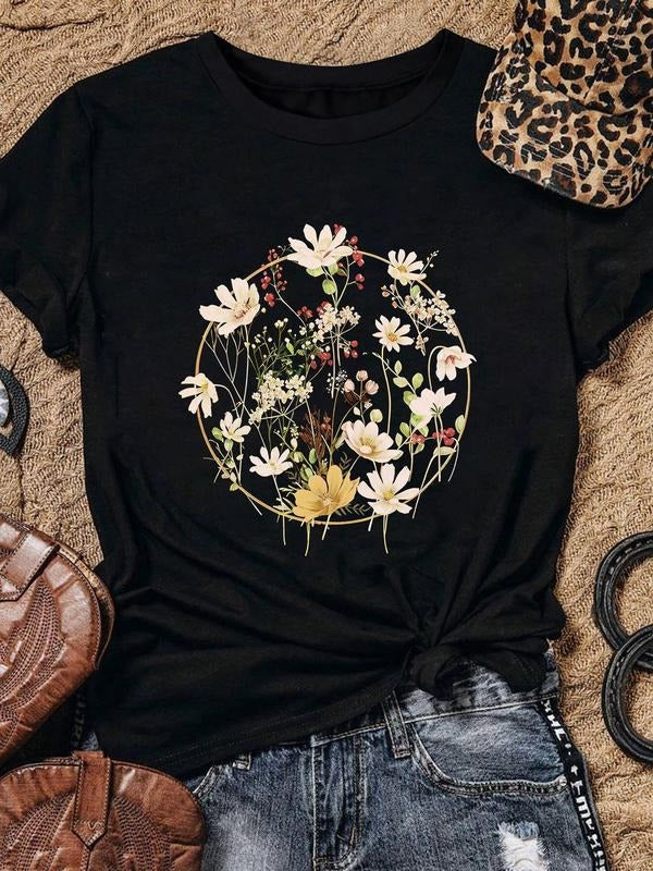 Floral Print Round Neck Casual Short Sleeve Summer Clothes Daily T-Shirts