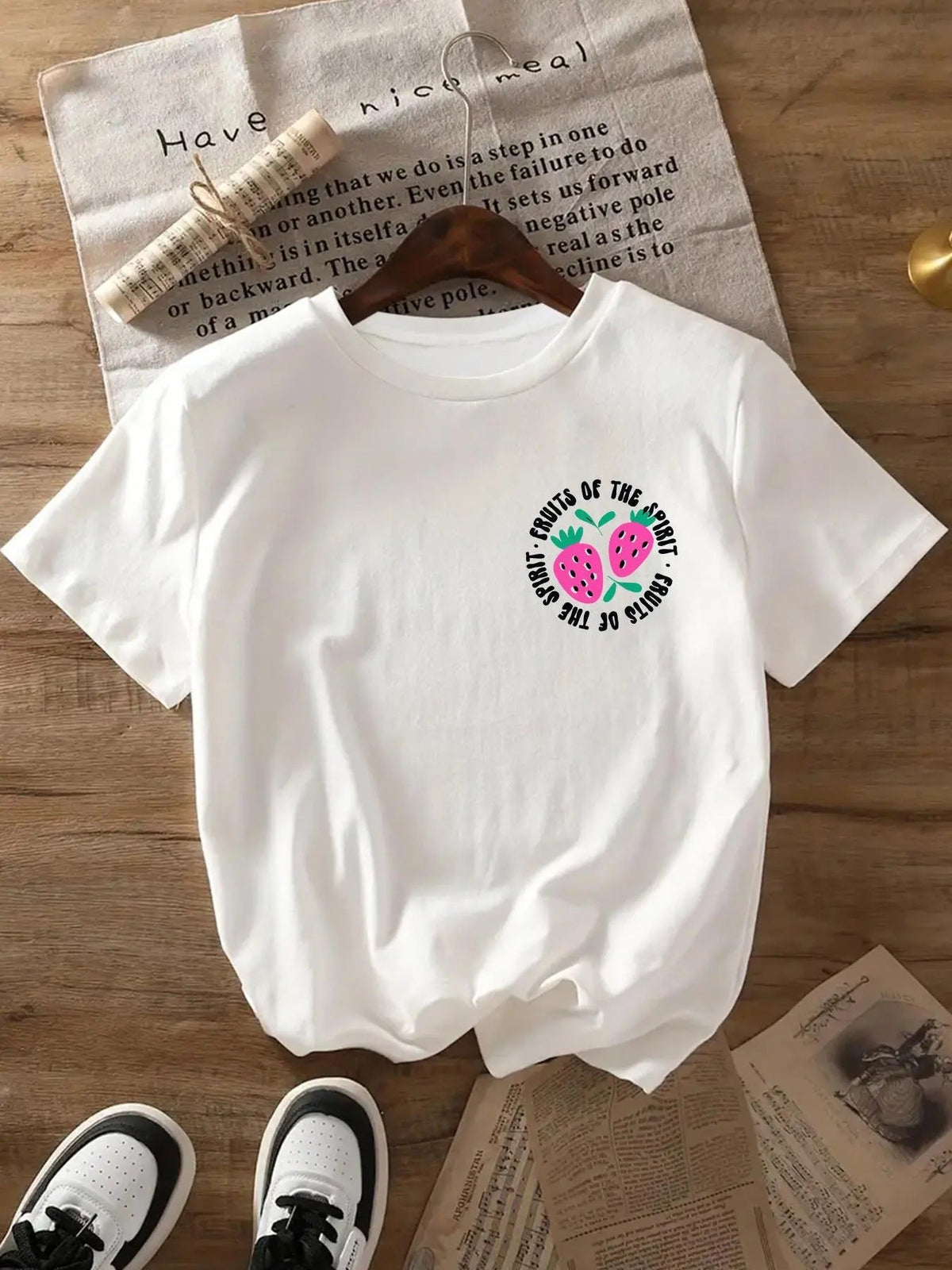 Fruits & Letter Print Round Neck Short Sleeve Crew Neck Daily Clothes All Seasons T-Shirts