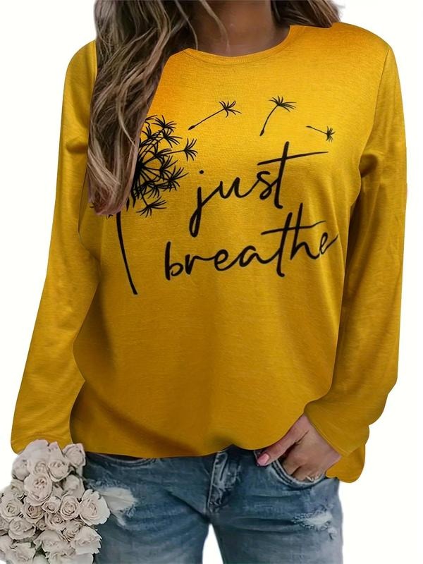 Letter Print Round Neck Long Sleeve Crew Neck Casual Top Spring & Fall T-Shirts
