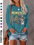 Halloween Pumpkin Ghost Print Long Sleeve Round Neck Casual Top Soft Comfortable Fabric 9 Colors T-Shirts