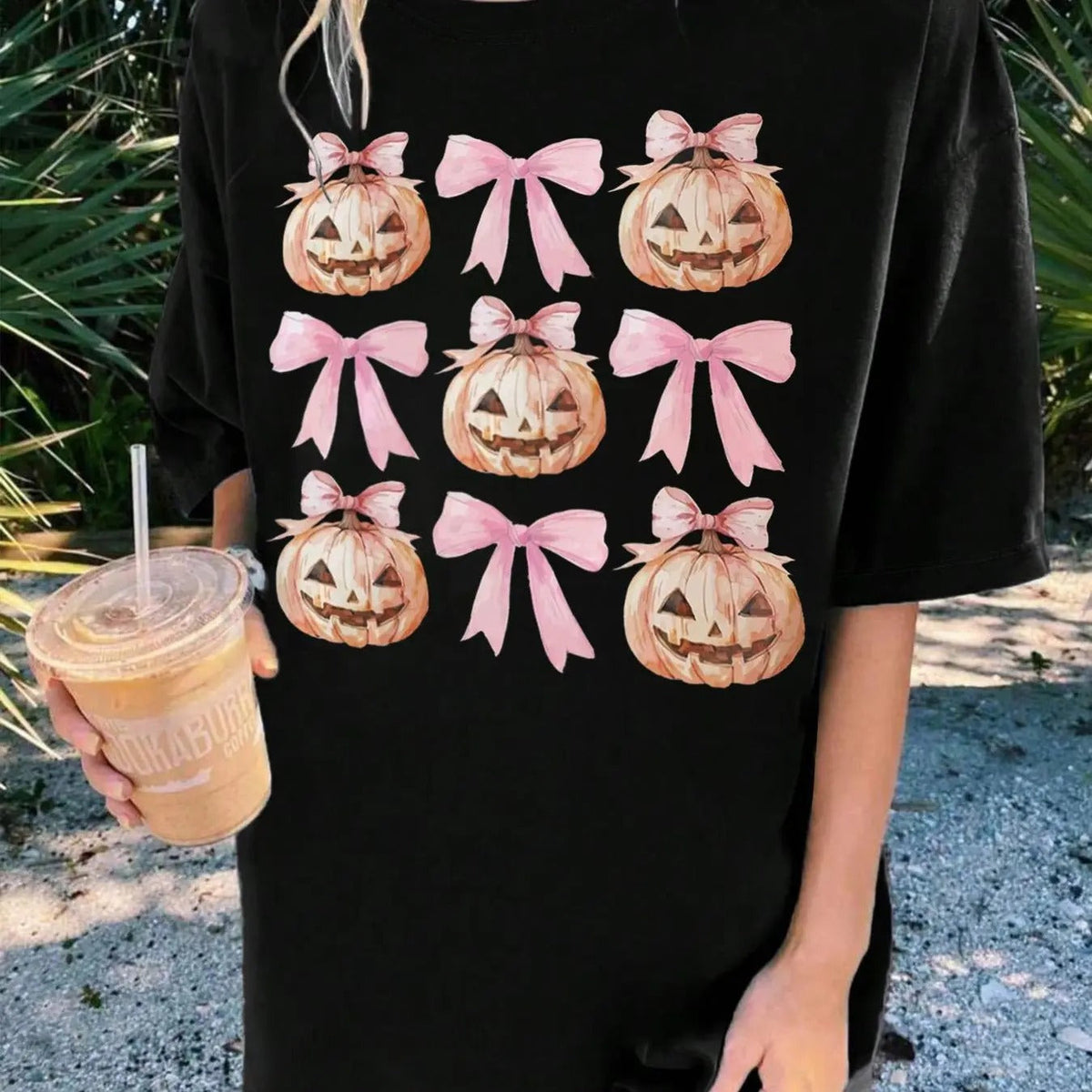 Halloween Themed Bowknot & Pumpkin Print Casual Drop Shoulder Half Sleeve Summer Top Daily T-Shirts