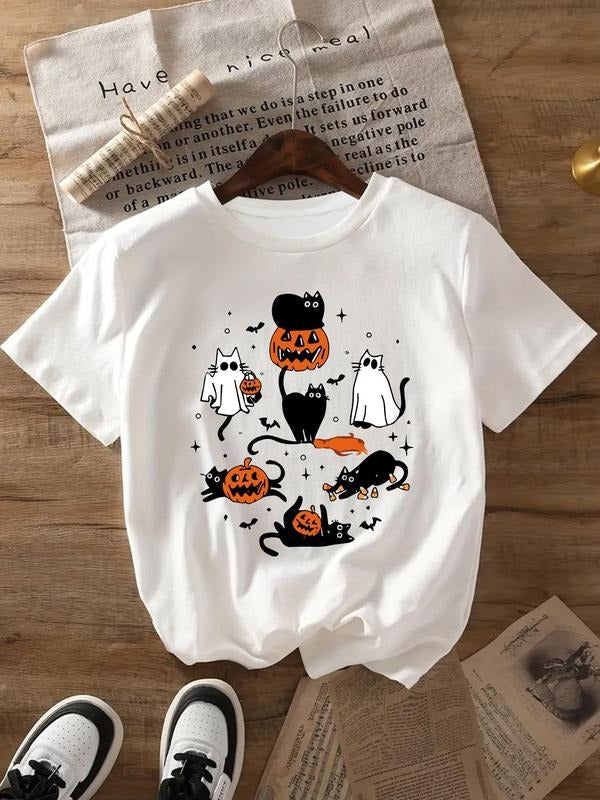 Halloween Themed Ghost & Pumpkin Print Short Sleeve Casual Round Neck Daily Clothes All Seasons T-Shirts