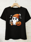 Halloween Themed Ghost Print Round Neck Casual Short Sleeve Summer Clothes Daily T-Shirts