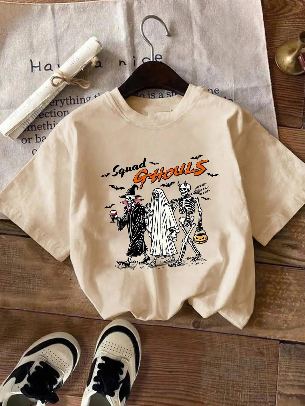 Halloween Themed Skeleton & Letter Print Drop Shoulder Casual Short Sleeve Round Neck Daily Clothes All Seasons T-Shirts