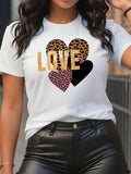 Heart & Letter Print Round Neck Casual Leopard Print Crew Neck Daily Vacation Outdoor Clothes Summer T-Shirts