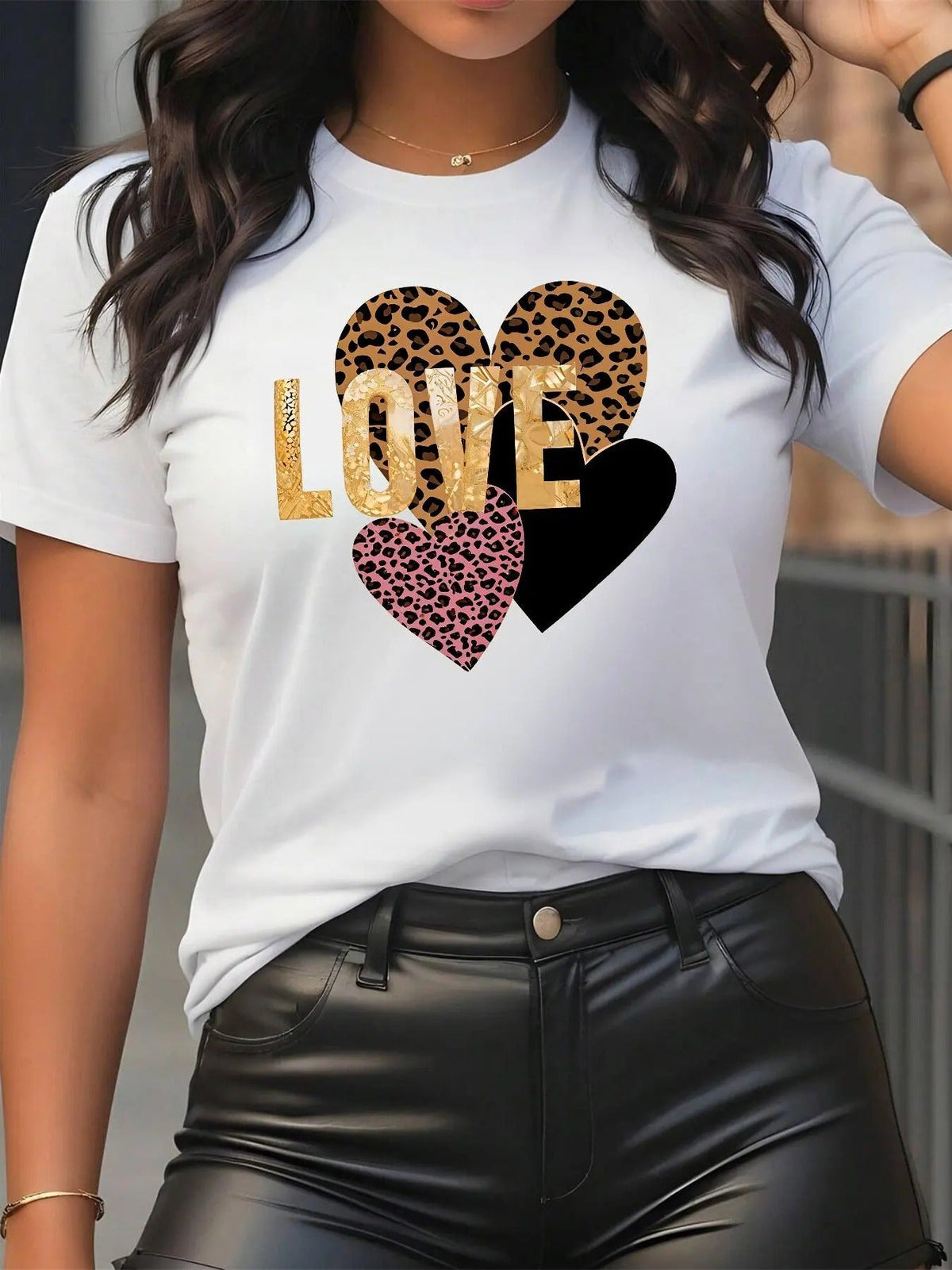 Heart & Letter Print Round Neck Casual Leopard Print Crew Neck Daily Vacation Outdoor Clothes Summer T-Shirts