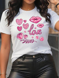 Heart & Lip Print Round Neck Casual Letter Short Sleeve Clothes Summer T-Shirts