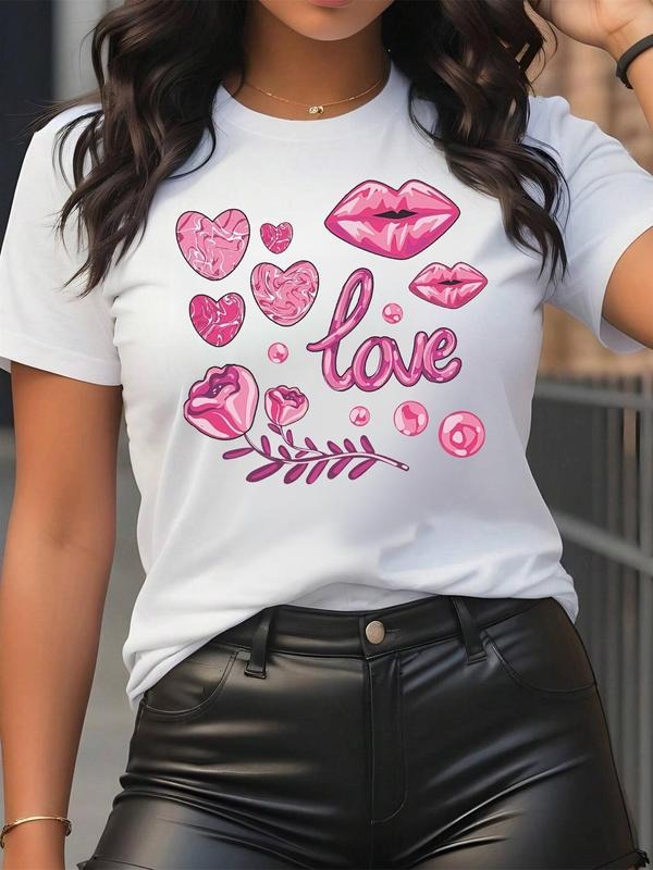 Heart & Lip Print Round Neck Casual Letter Short Sleeve Clothes Summer T-Shirts