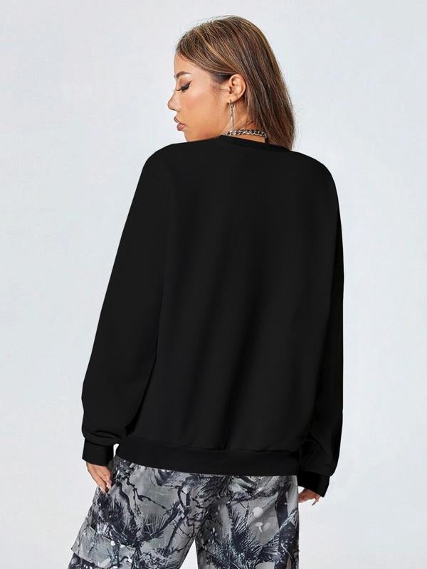 Heart Print Drop Shoulder Casual Long Sleeve Round Neck Fall & Winter Clothes Daily T-Shirts