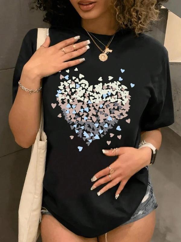 Heart Print Round Neck Casual Short Sleeve Crew Neck Daily Clothes All Seasonsstyle{N002}3 T-Shirts