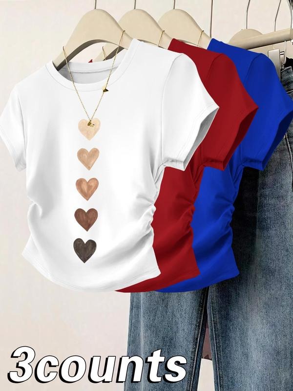 Heart Print Round Neck Casual Short Sleeve Daily Clothes All Seasons Topstyle{N002}3 T-Shirts