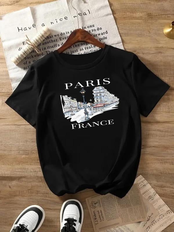 Landscape & Letter Print Round Neck Casual Short Sleeve Crew Neck Daily Clothes All Seasons T-Shirts