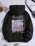 Landscape Print Drop Shoulder Casual Pocket Drawstring Hooded Casual Top Spring & Fall T-Shirts