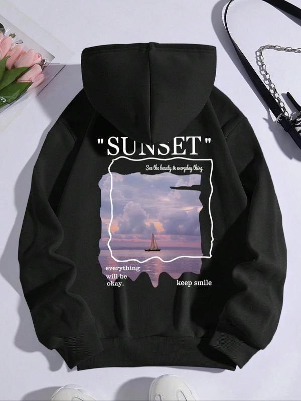 Landscape Print Drop Shoulder Casual Pocket Drawstring Hooded Casual Top Spring & Fall T-Shirts
