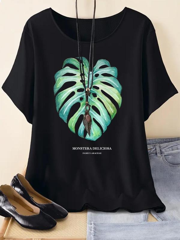 Leaf & Letter Print Round Neck Casual Short Sleeve Daily Summer T-Shirts