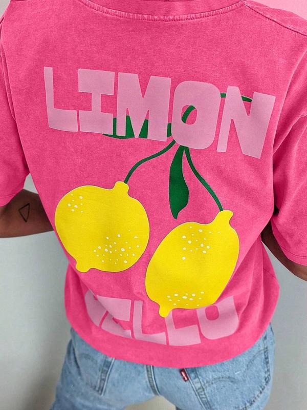 Lemon & Letter Print Round Neck Casual Crew Neck Daily Vacation Outdoor Clothes All Seasons Top T-Shirts