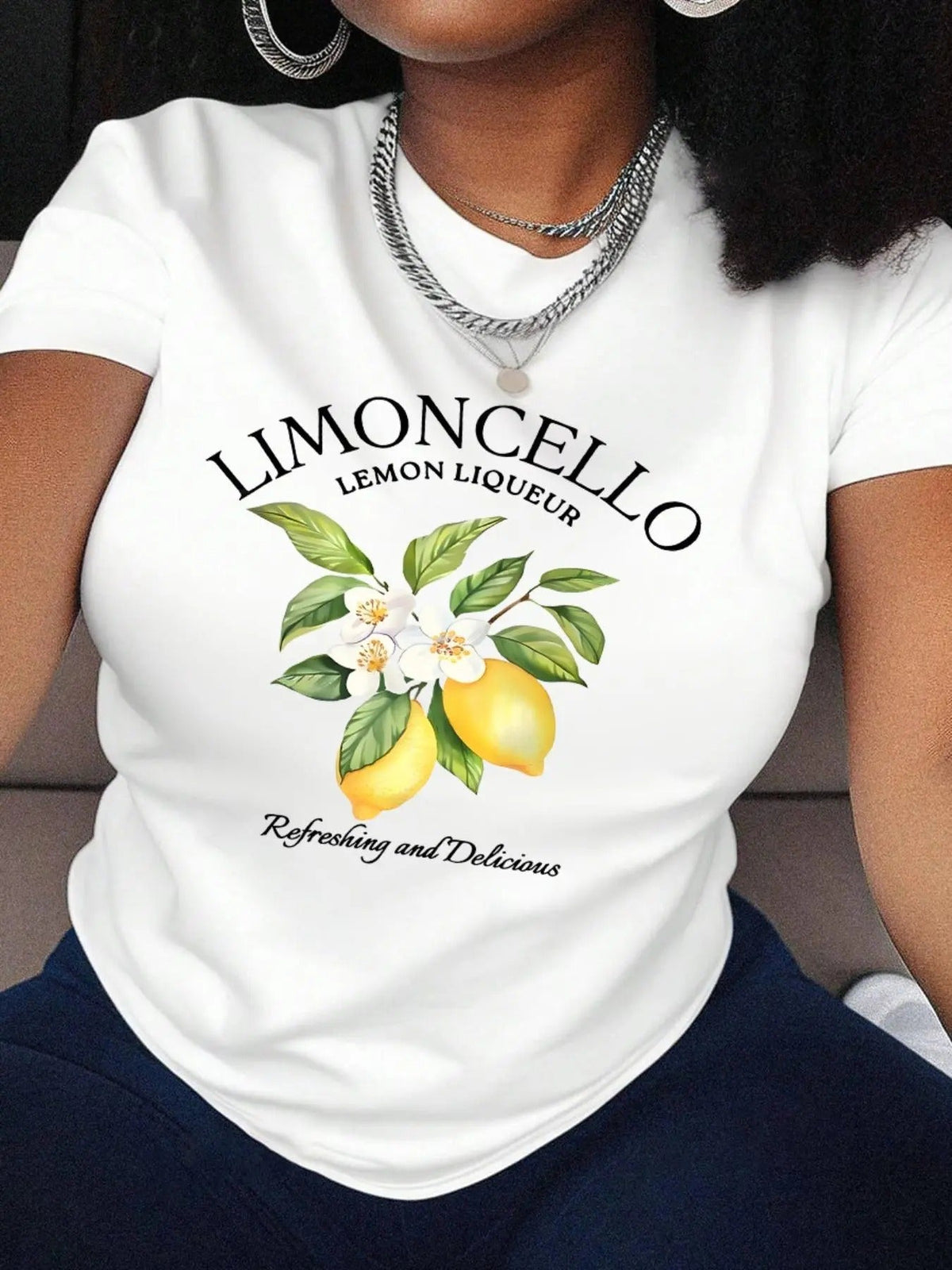 Lemon & Letter Print Round Neck Casual Short Sleeve Summer Clothes Daily T-Shirts