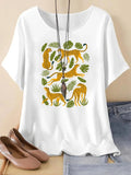 Leopard & Leaf Print Round Neck Casual Short Sleeve Summer Clothes Daily T-Shirts