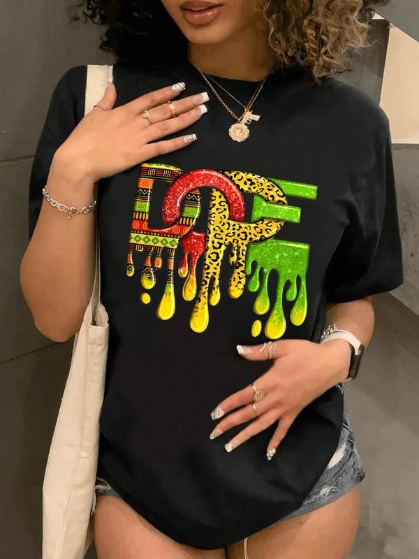 Leopard & Letter Print Round Neck Casual Short Sleeve Daily Clothes All Seasons T-Shirts