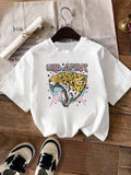 Leopard & Letter Print Round Neck Casual Short Sleeve Crew Neck Daily Vacation Outdoor Clothes All Seasons T-Shirts