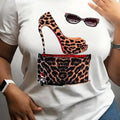 Leopard High Heel Pump Print Round Neck Casual Short Sleeve Daily Summer Clothes T-Shirts