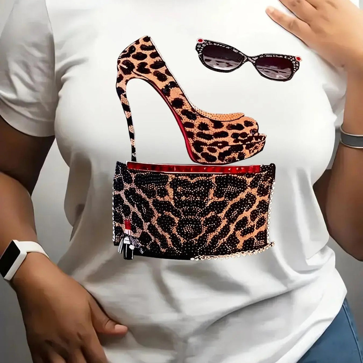 Leopard High Heel Pump Print Round Neck Casual Short Sleeve Daily Summer Clothes T-Shirts