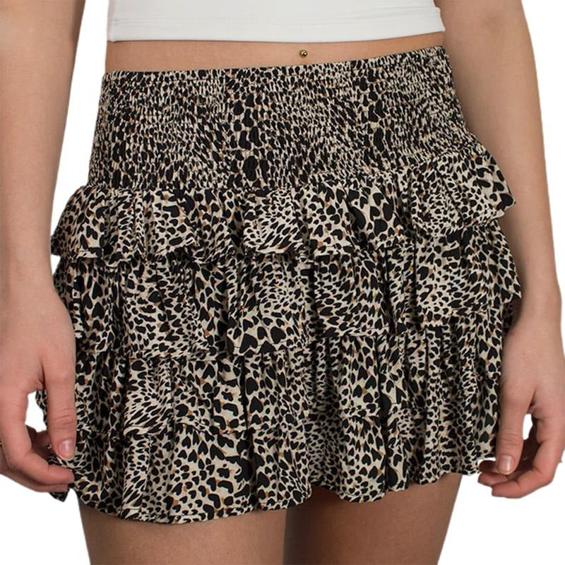 Leopard Print Skirt Elastic High Waist Tiered Ruffled Short Skirt Summer Womenswear Bottom T-Shirts