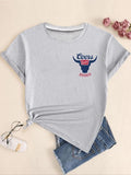 Letter & Bull Head Print Round Neck Casual Short Sleeve Crew Neck Summer Top Daily T-Shirts